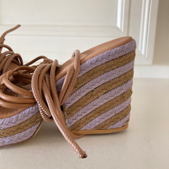 Anthropologie Raffia Platform Brown & Lavender Heeled Wedge Sandals Sz 38 - Picture 4 of 9